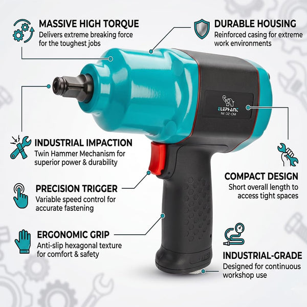 Elephant, Elephant IW 02CM, Impact Wrench, 1/2 Inch Impact Wrench, Composite Impact Wrench, Pneumatic Impact Wrench, Air Impact Wrench, Automotive Impact Wrench, Garage Impact Wrench, Workshop Impact Wrench, Tyre Service Tool, Air Tool, Mechanical Tool, Pneumatic Tool, Professional Impact Wrench
