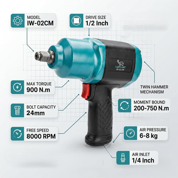 Elephant, Elephant IW 02CM, Impact Wrench, 1/2 Inch Impact Wrench, Composite Impact Wrench, Pneumatic Impact Wrench, Air Impact Wrench, Automotive Impact Wrench, Garage Impact Wrench, Workshop Impact Wrench, Tyre Service Tool, Air Tool, Mechanical Tool, Pneumatic Tool, Professional Impact Wrench