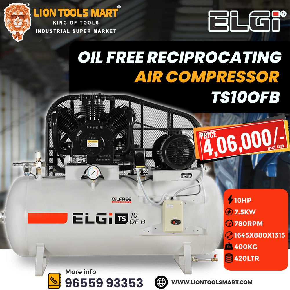 ELGI TS10OFB Oil-Free Reciprocating Air Compressor - 10HP, 420L Tank