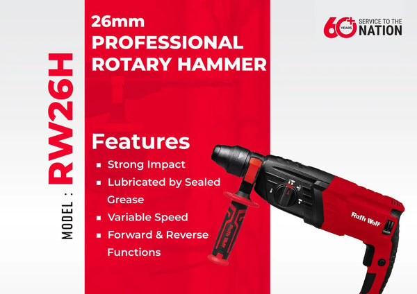 Ralli Wolf RW26RH 800W Professional Rotary Hammer Drill, 26mm Drilling Capacity with Variable Speed for Concrete Drilling, Masonry, Construction and Renovation Applications