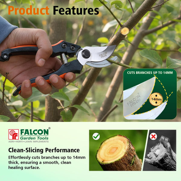 Falcon FPS-210, Pruning Secateur, Bypass Secateur, Garden Pruning Tool, Pruning Shear, Branch Cutter, Horticulture Tool, Gardening Secateur, Plant Pruner, Agricultural Tool, 14mm Pruning Cutter, 200mm Secateur