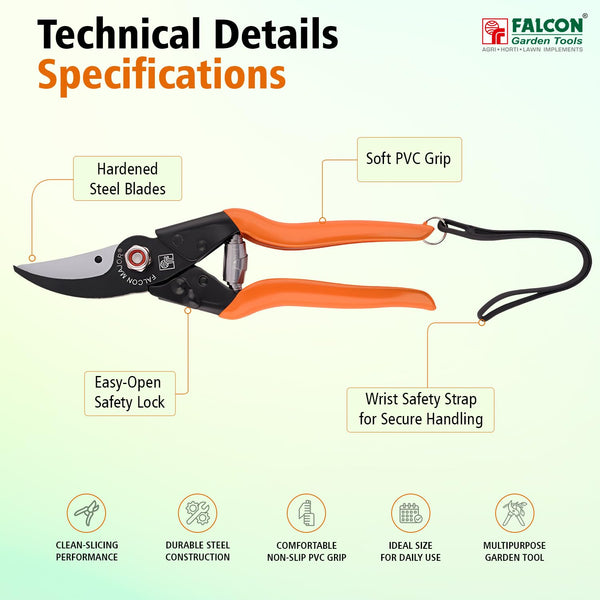 Falcon Major, Falcon Pruning Secateur, Bypass Secateur, Pruning Shear, Garden Secateur, Plant Pruner, Branch Cutter, Gardening Tool, Horticulture Tool, Nursery Tool, 15mm Pruning Tool, 225mm Secateur