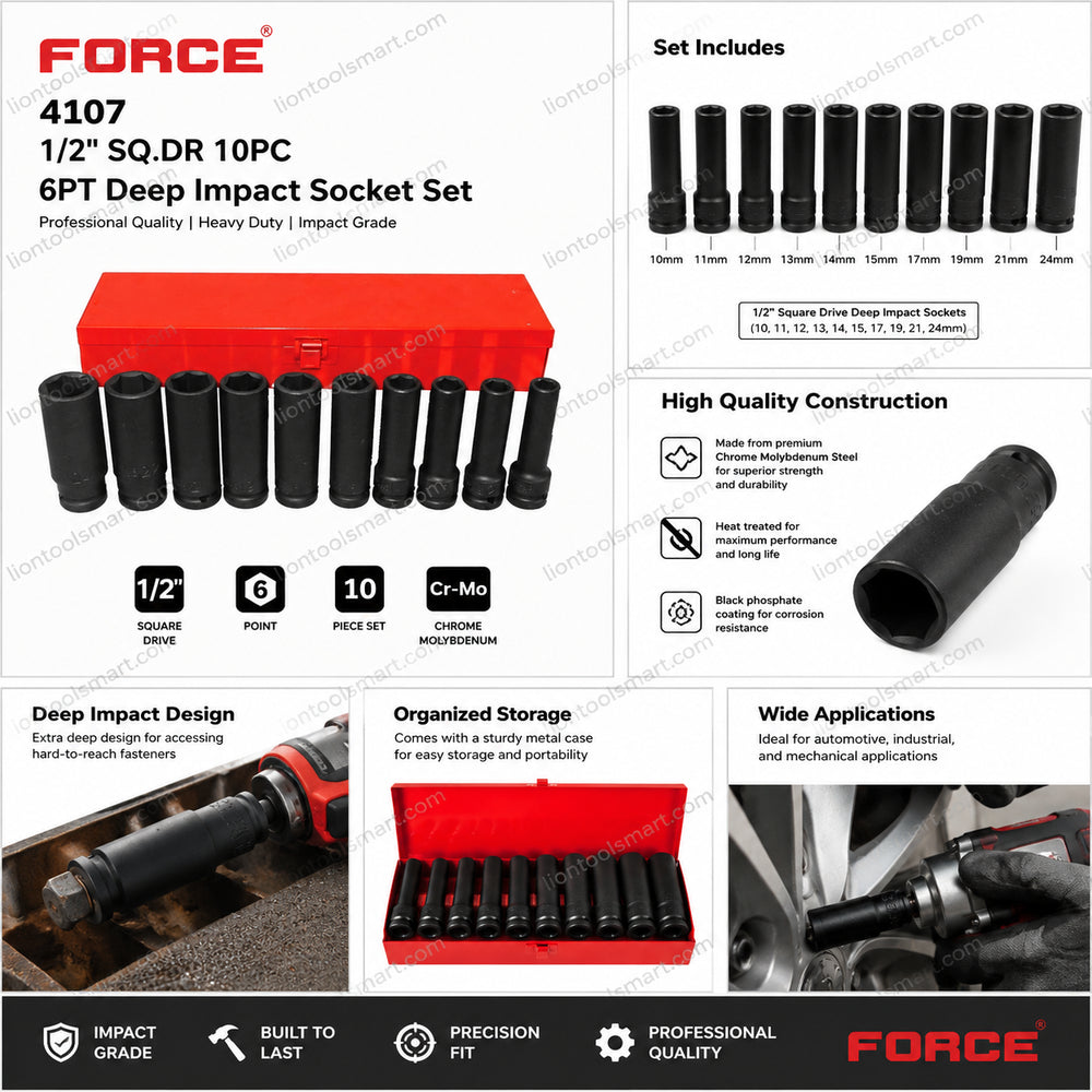 Force 4107 1/2Inch SQ.DR Deep Impact Socket Set | 10Pc 6PT Flank Drive Metric Socket Kit
