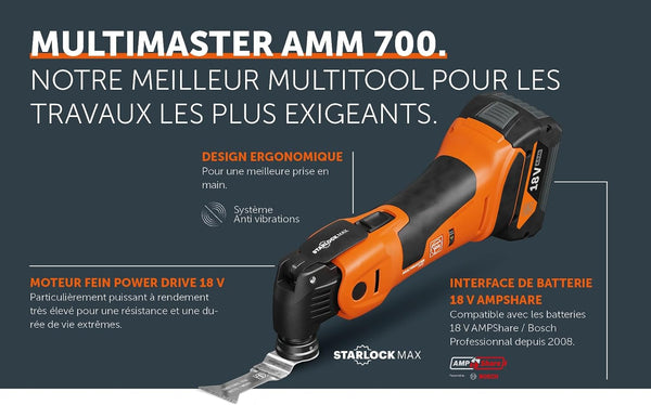 Fein AMM 700 Max, Fein MultiTool, Fein AMM 700 Max Top, Cordless MultiTool, Oscillating MultiTool, 18V MultiTool, StarlockMax MultiTool, QuickIN MultiTool, AMPShare MultiTool, Brushless MultiTool, Fein cordless tool, Multi-purpose tool, Renovation tool, Cutting tool, Sanding tool, Scraper tool, Fein 71293661000