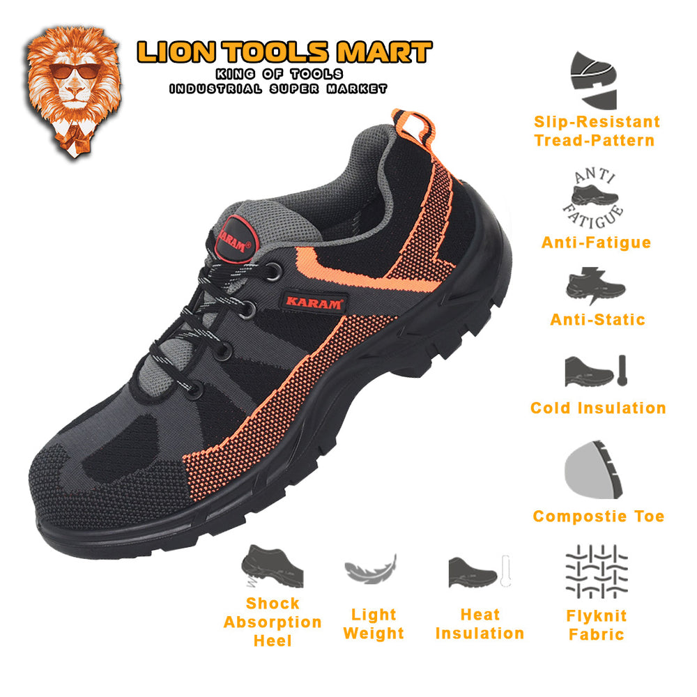 Karam Flytex Grey And Orange Sporty Safety Lace-up FS210 | Industrial Safety Purpose