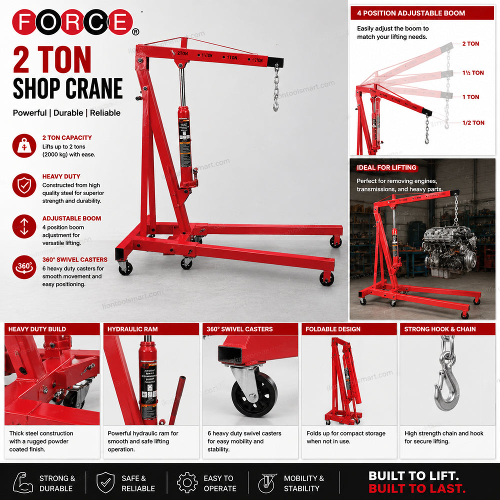 Force 2Ton Shop Crane | Hydraulic Folding Engine Hoist for Workshop & Garage Use