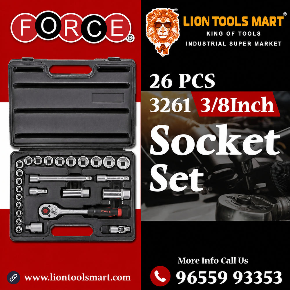 Force 3261 26Pc 3/8 Inch 6PT Flank Socket Set | Professional Ratchet & Socket Tool Kit
