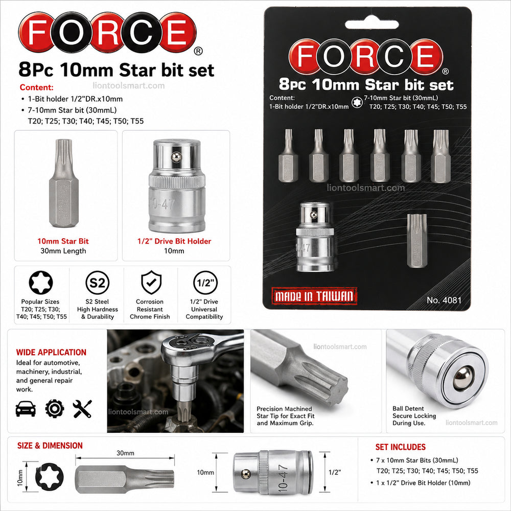 Force 4081 1/2Inch 8Pcs 10mm Torx/Star Bit Set | Professional Socket Bit Kit