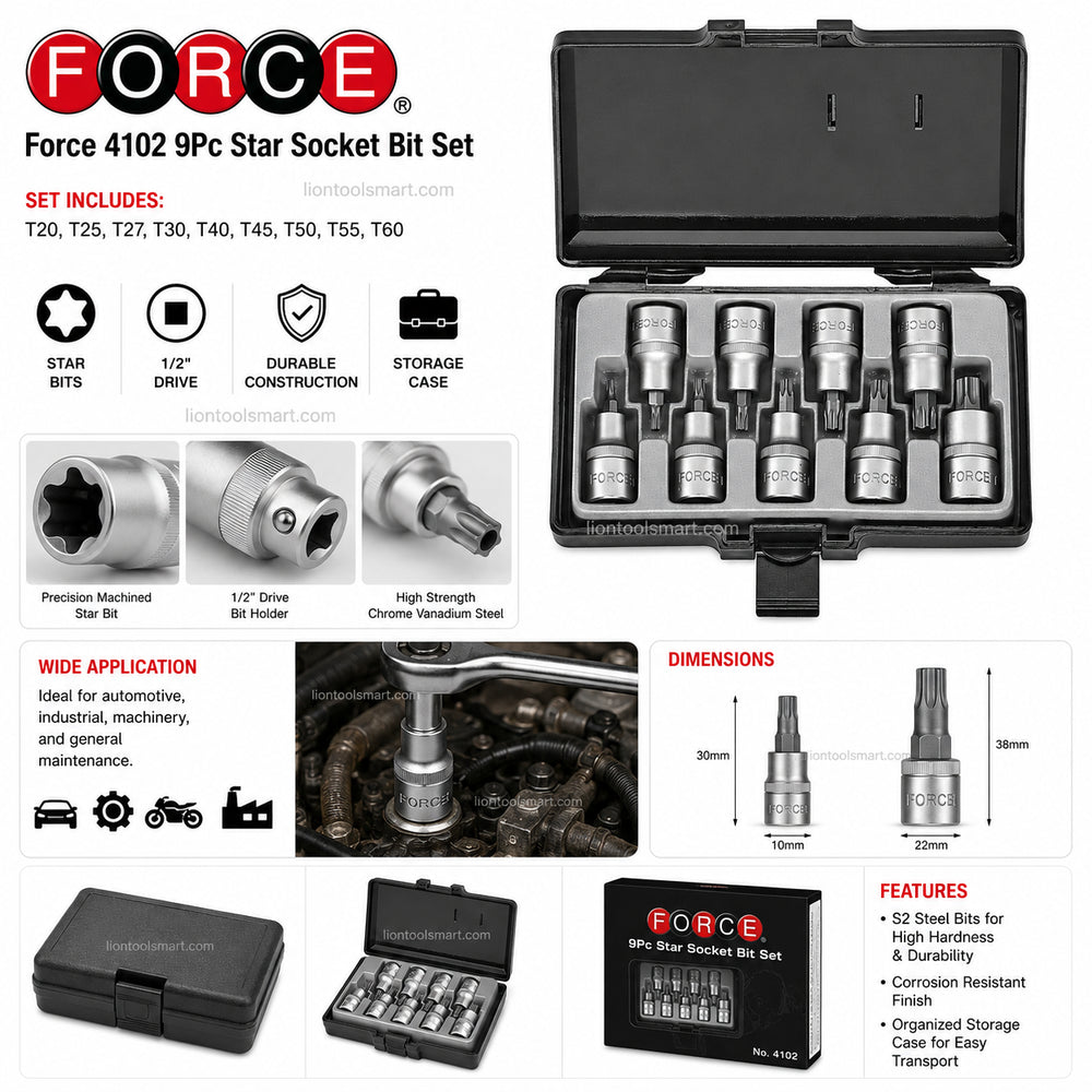 Force 4102 9Pc Star Socket Bit Set | Professional Torx Drive Tool Kit