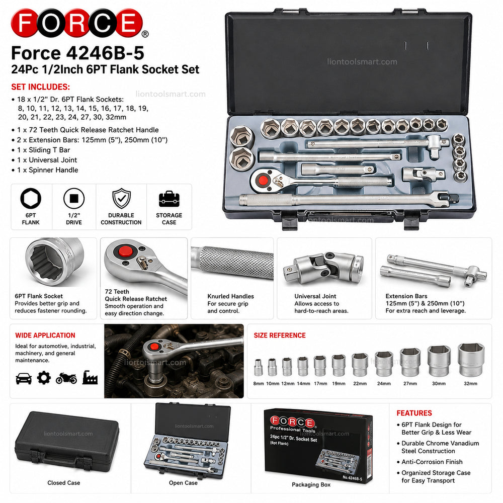 Force 4246B-5 24Pc 1/2Inch 6PT Flank Socket Set | Professional Hand Tool Kit