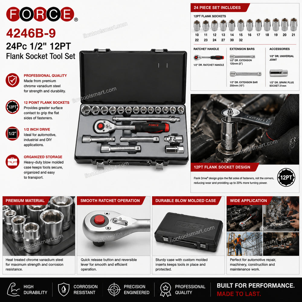 Force 4246B-9 24Pc 1/2Inch 12PT Flank Socket Tool Set | Professional Metric Socket Kit