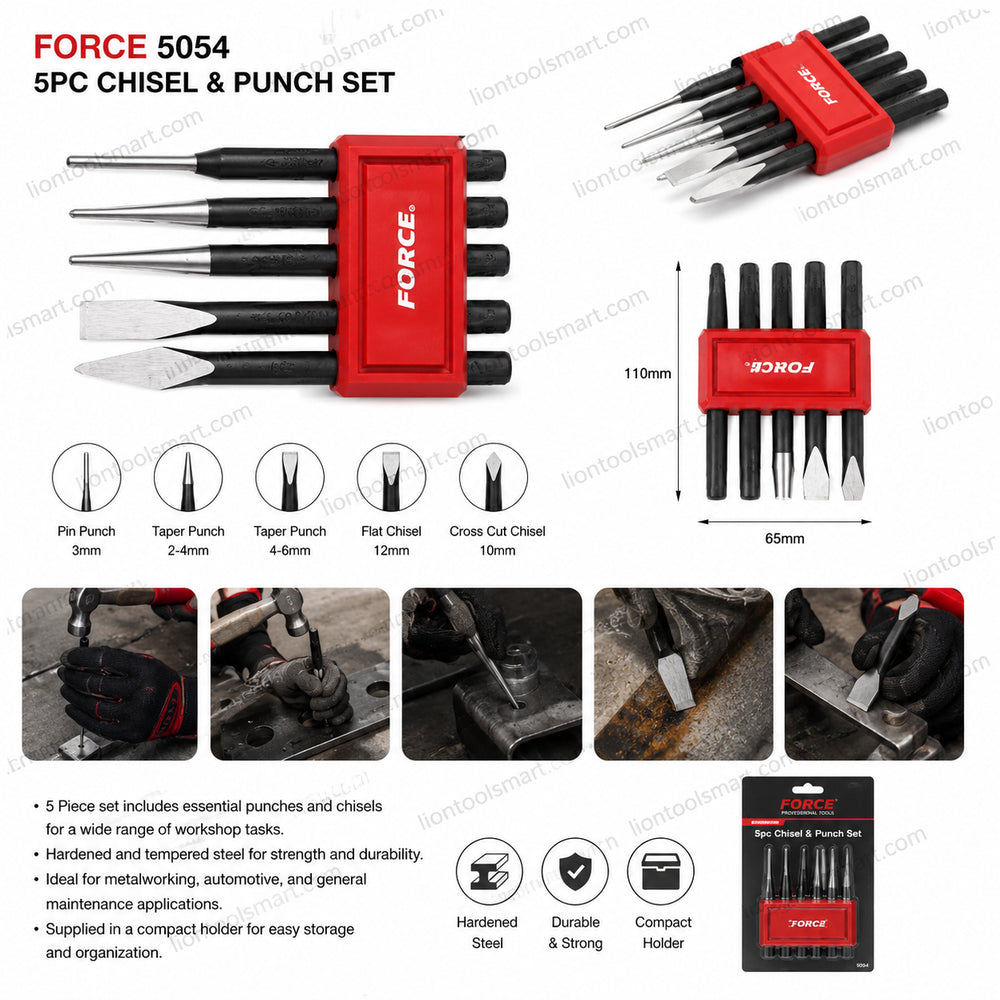 Force 5054 5Pc Chisel & Punch Set | Professional Metalworking & Automotive Hand Tool Kit