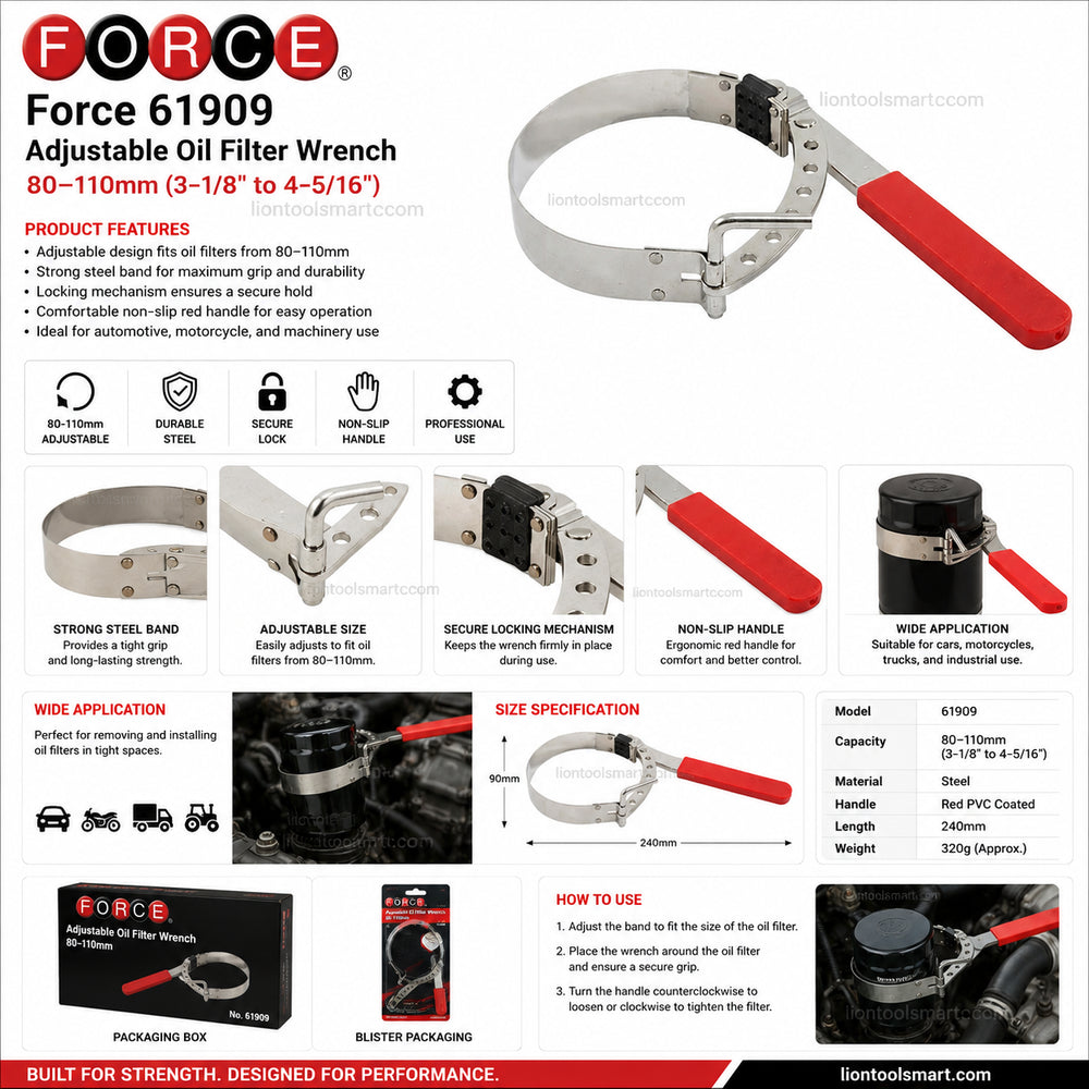 Force 61909 Adjustable Oil Filter Wrench 80–110mm | Heavy Duty Automotive Filter Removal Tool