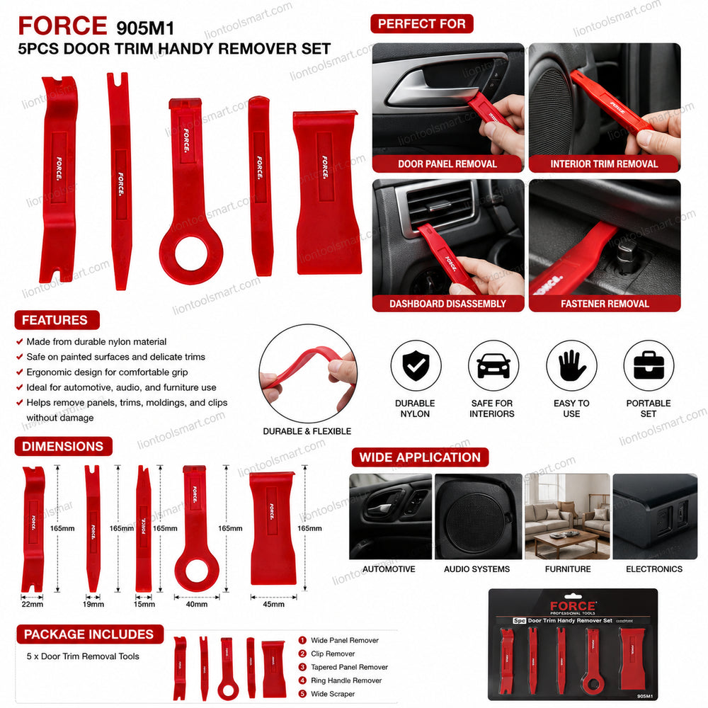 Force 905M1 5Pcs Door Trim Handy Remover Set | Automotive Panel & Clip Removal Tool Kit