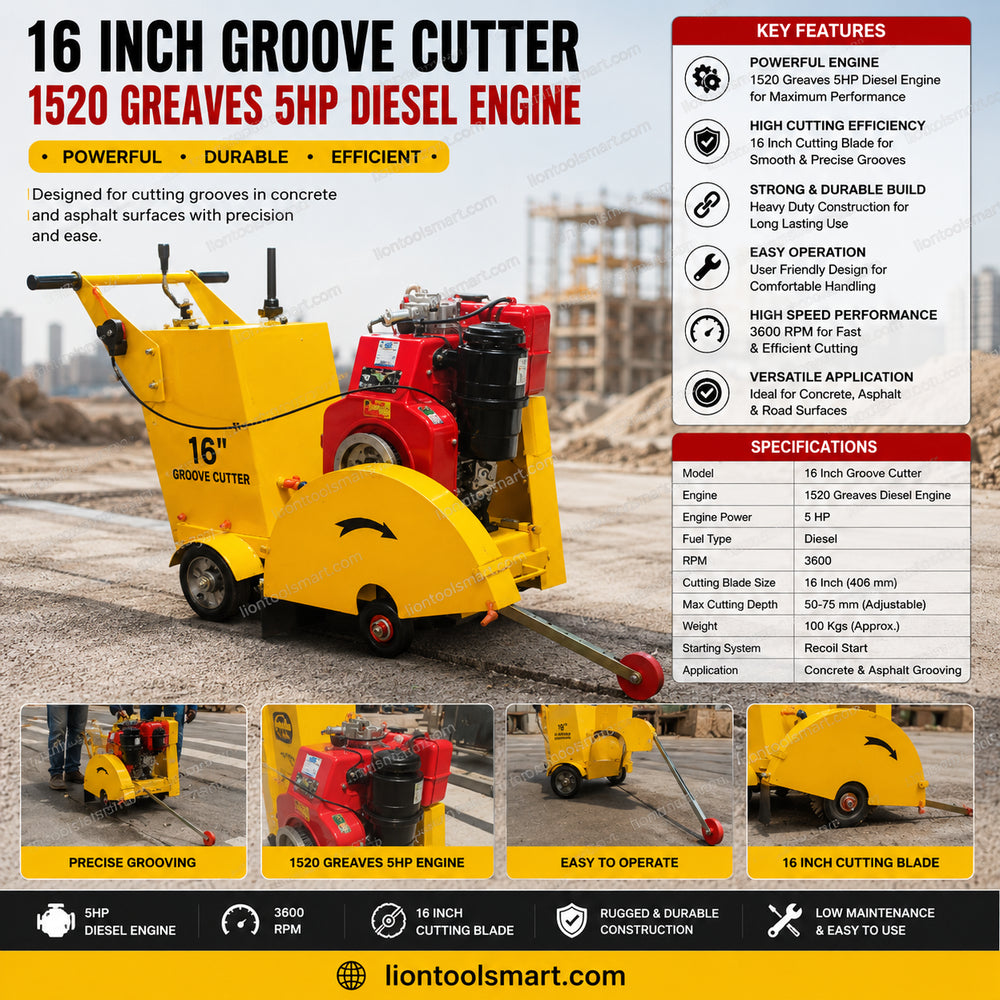 Lion 16 Inch Groove Cutter with 1520 Greaves 5HP Diesel Engine | Heavy Duty Road & Concrete Cutting Machine