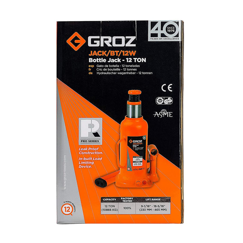 Groz 12 Ton Hydraulic Bottle Jack BT/12W (230-465mm) | HCVs, Trucks, Buses, Construction, Garage & Heavy-Duty Maintenance Applications