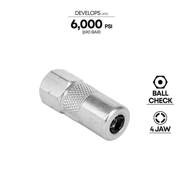 Groz, Groz HC/11/4/BSP, HC/11/4/BSP, 1/8 Inch BSP Coupler, Hydraulic Coupler, 4 Jaw Grease Coupler, Grease Gun Coupler, Grease Gun Nozzle, Hand Grease Gun Coupler, Ball Check Coupler, 3000 PSI Coupler, Grease Fitting Coupler, Zerk Fitting Coupler, Automotive Lubrication Tool, Industrial Grease Coupler, Agricultural Lubrication Tool, Workshop Grease Gun Accessory, Machinery Lubrication Tool, Hydraulic Grease Fitting, Professional Grease Coupler, Greasing Accessories, Lubrication Equipment, Maintenance Tools,