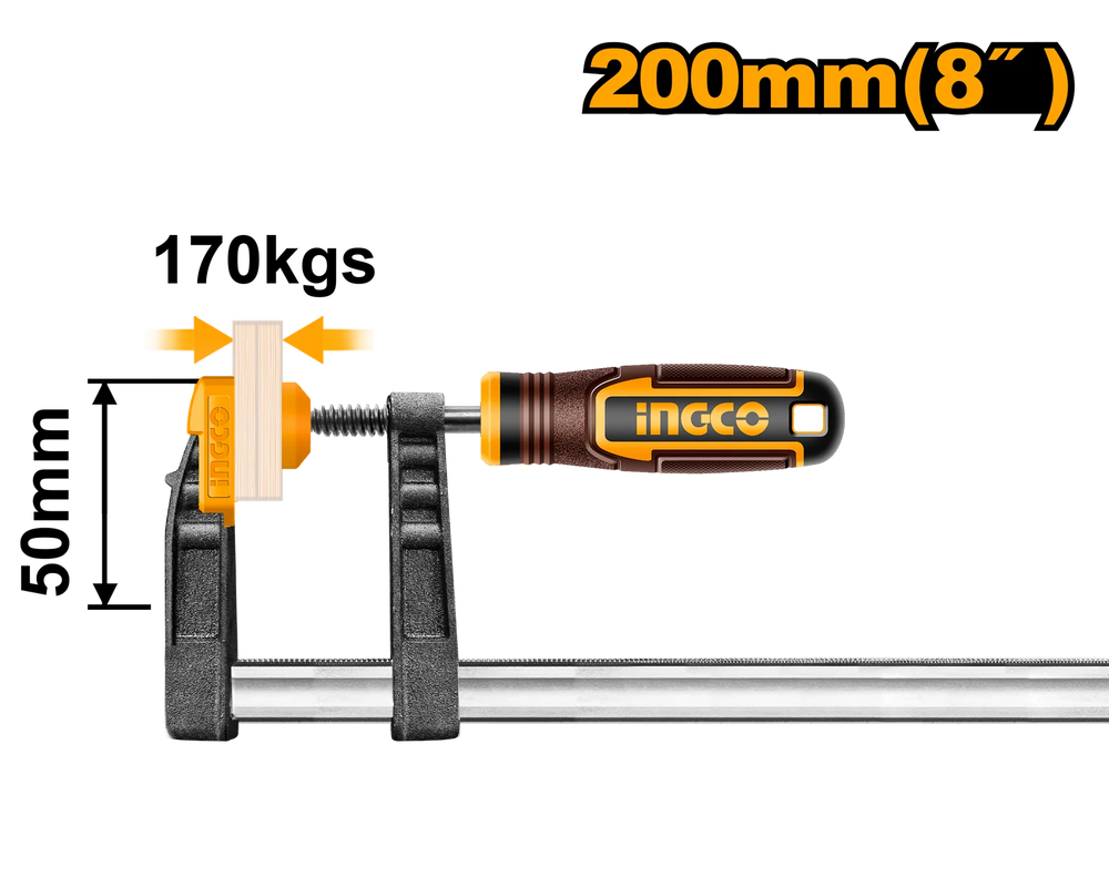 Ingco 8Inch (50x200mm) F Clamp with Plastic Handle, 170Kg Max Clamp Force HFC020502