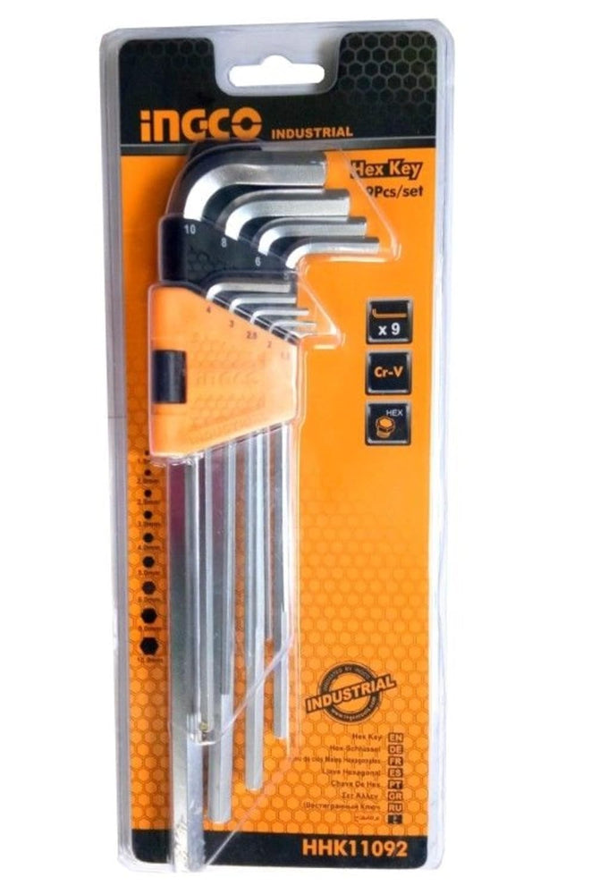 Ingco 9 Pcs Extra Long Metric Hex Allen Key Set HHK11092 | Bicycle, Automotive, Machinery, Furniture & Industrial Repair Applications