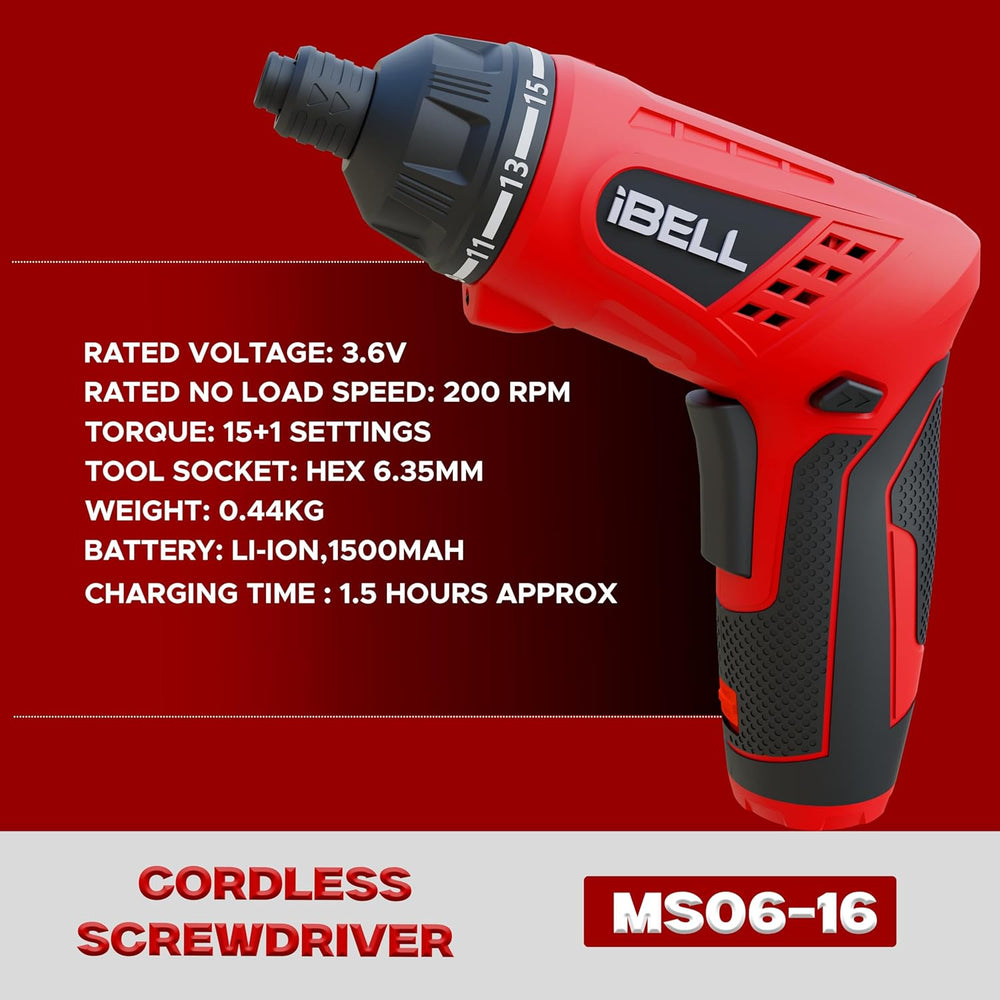 iBELL MS06-16 3.6V Cordless Screwdriver | 1500mAh Li-Ion Battery | 15+1 Torque Settings with 41 Accessories