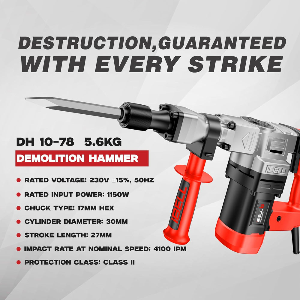 iBELL 6Kg Demolition Hammer DH10-78 | 1150W HEX Chuck Concrete Breaker with Anti-Vibration Handle