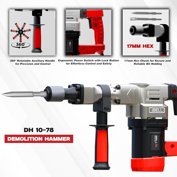 iBELL 6Kg Demolition Hammer DH10-78 | 1150W HEX Chuck Concrete Breaker with Anti-Vibration Handle