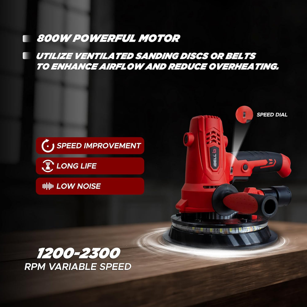 iBELL 7 Inch Drywall Sander 800W DS80-70 | 180mm Wall Putty Sander with Vacuum & LED Light