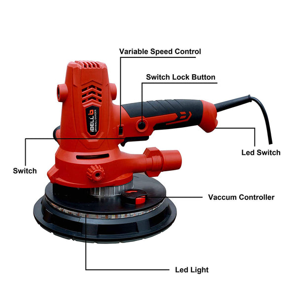 iBELL 7 Inch Drywall Sander 800W DS80-70 | 180mm Wall Putty Sander with Vacuum & LED Light