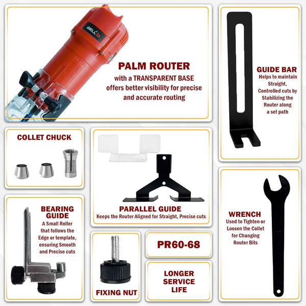 iBELL Palm Router 650W PR60-68 | 6mm Wood Trimmer Router for Edge Trimming & Grooving