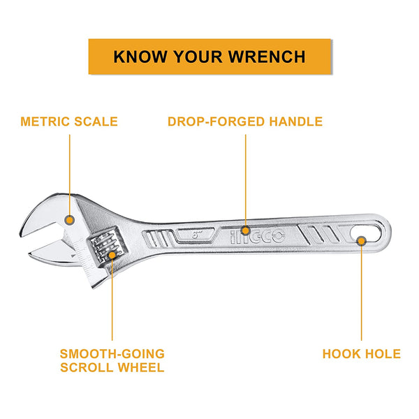Ingco HADW131102, Ingco adjustable wrench, Ingco 10 inch wrench, 250mm adjustable wrench, adjustable spanner, 45 carbon steel wrench, wide opening wrench, plumbing wrench, automotive wrench, workshop wrench, Ingco hand tools