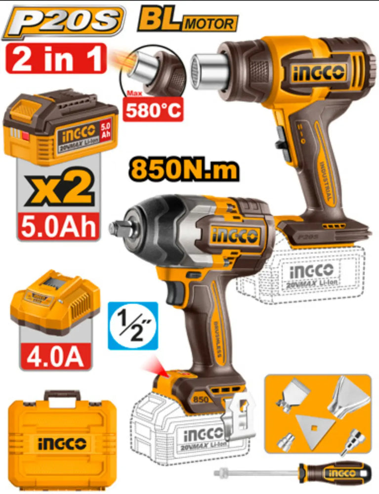 Ingco 20V 850Nm Cordless Combo Kit COSLI260381 | Brushless 1/2 Inch Impact Wrench & 580°C Heat Gun with 2 Batteries for Automotive, Workshop & Maintenance Applications