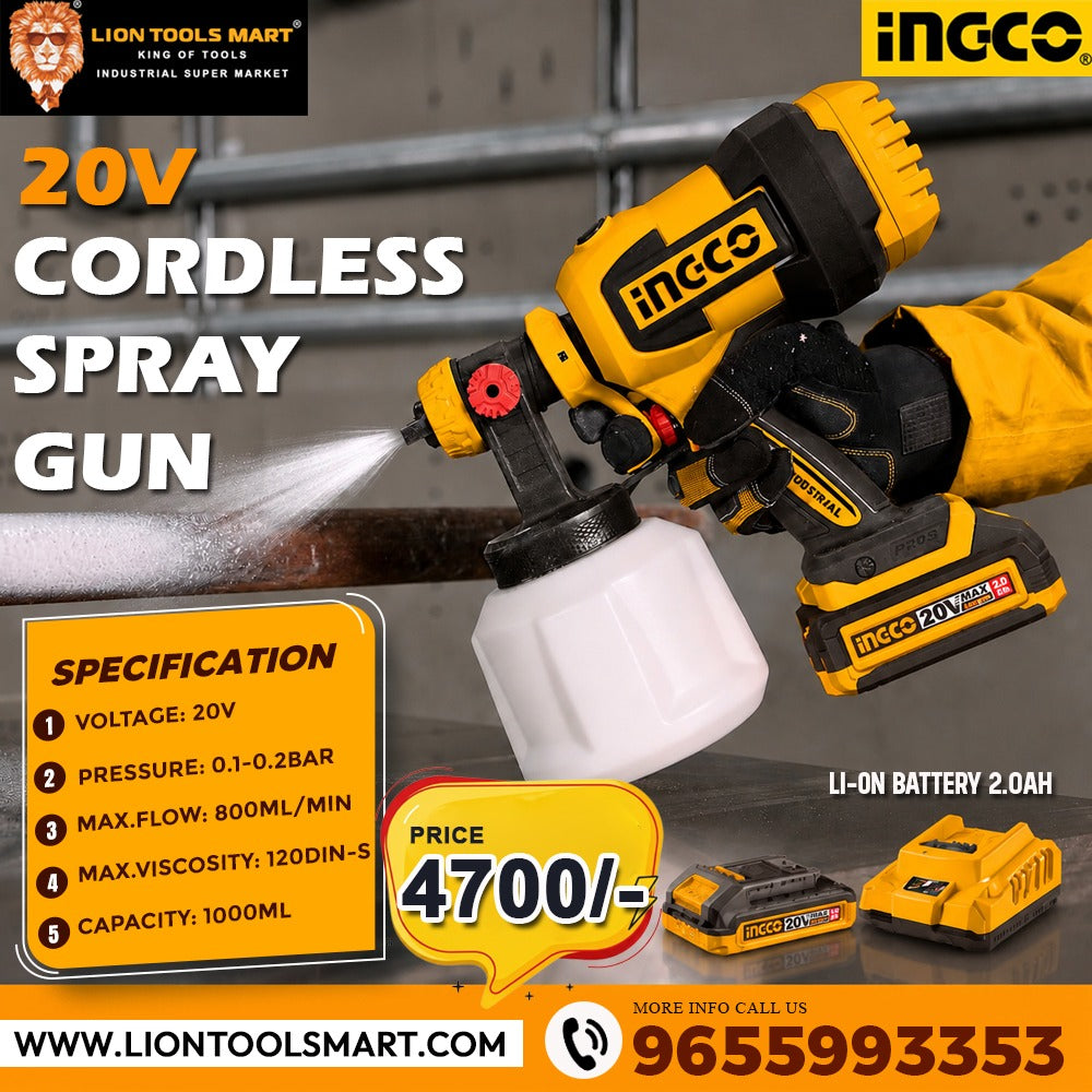 INGCO CSGLI20042 20V Cordless Spray Gun with 2.0Ah Battery & Charger