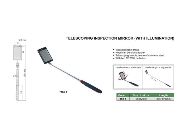 INSIZE Telescoping Inspection Mirror with LED 7162-1 | Extendable Inspection Tool for Automotive & Industrial Use