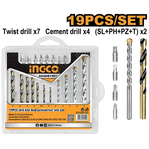 Ingco 19Pcs Drill Bit & Screwdriver Bit Set AKSDB1901 | HSS, Masonry & Screwdriver Bit Kit