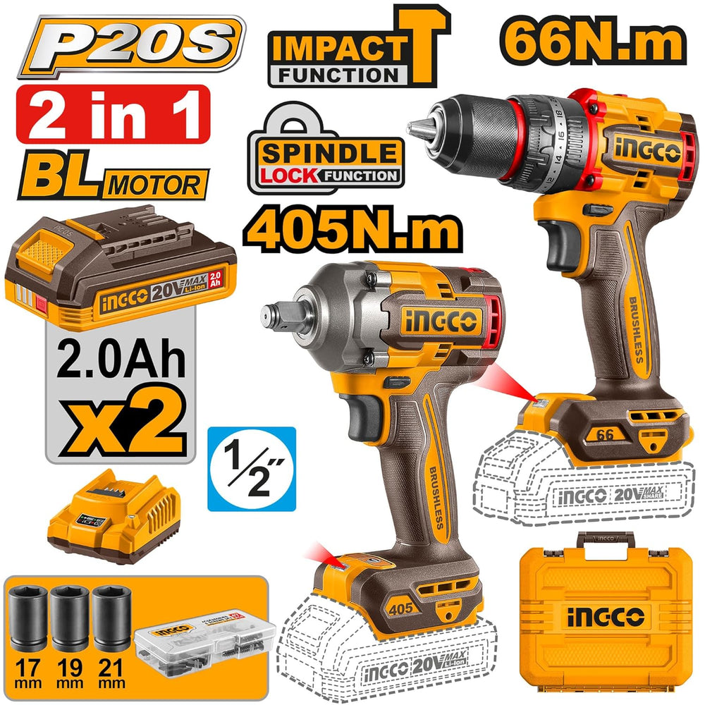 Ingco 20V 2Pcs Cordless Combo Kit CKLI20286 | Impact Drill & Impact Wrench for Automotive, Construction, Workshop & Maintenance Applications