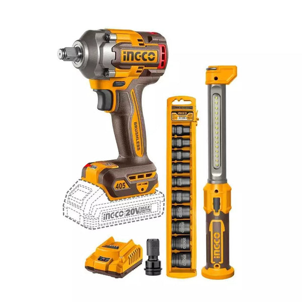 Ingco, Ingco COSLI23056, 20V Combo Kit, Cordless Combo Kit, Brushless Impact Wrench, 405Nm Impact Wrench, 555Nm Breakaway Torque, 12 Inch Impact Wrench, LED Work Lamp, 20V Lithium Ion, Cordless Impact Wrench, Automotive Impact Wrench, Car Repair Tools, Wheel Nut Impact Wrench, Mechanic Tools, Garage Tools, Construction Tools, Industrial Power Tools, P20S Tools, 2Ah Battery, Impact Socket Set, Cordless Power Tools, Ingco Power Tools, Workshop Tools, Lion Tools Mart