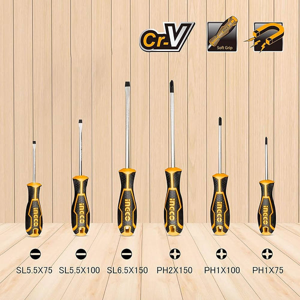 Ingco 6Pcs Combination Screwdriver Set HKSD0628 | CR-V Steel Slotted & Phillips Screwdriver Kit