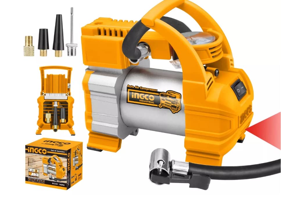 Ingco Auto Air Compressor 140 PSI 12V AAC1408 | Portable DC Tyre Inflator with LED Light