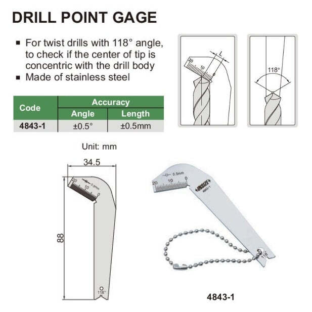 Insize Drill Point Gauge 4843-1 | Drill Angle Measuring Tool