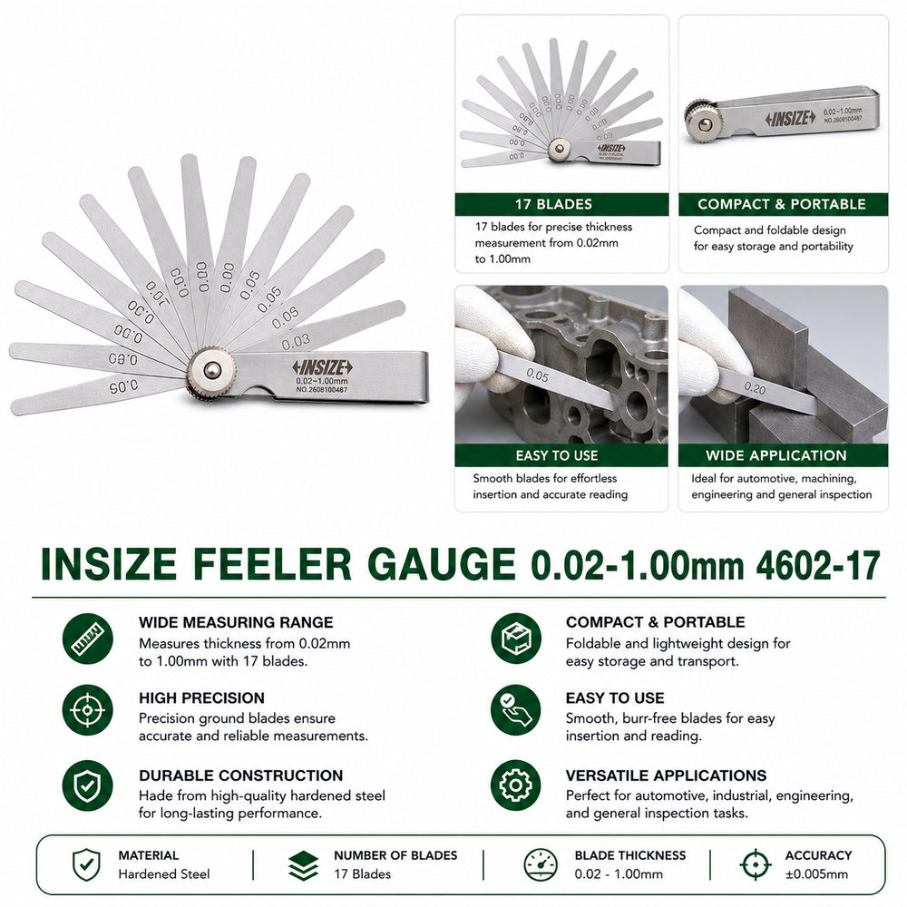 Insize Feeler Gauge 0.02-1.00mm 4602-17 | Precision Thickness Measuring Tool
