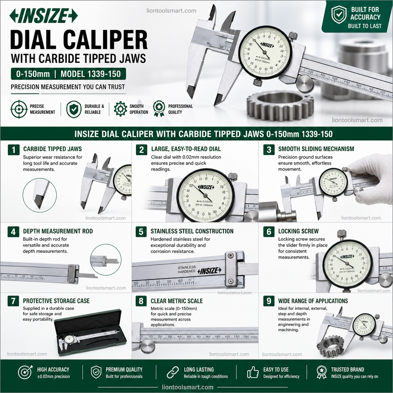 Insize Dial Caliper with Carbide Tipped Jaws 0-150mm 1339-150 | Precision Electronic Measuring Tool