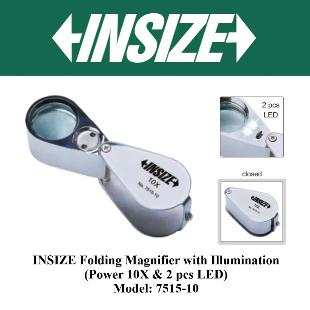 Insize Folding Magnifier with Illumination 10X 7515-10 | Portable Precision Inspection Tool