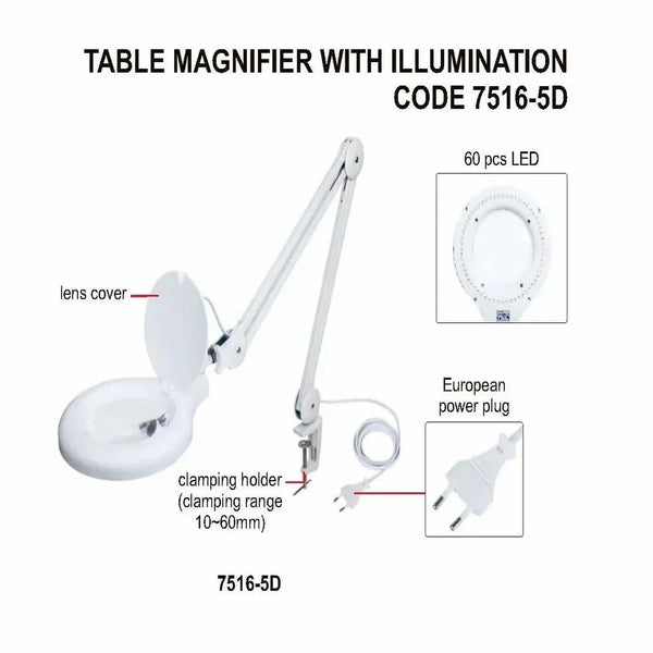 Insize Table Magnifier with Illumination 7516-5D | High Power Inspection & Magnifying Tool