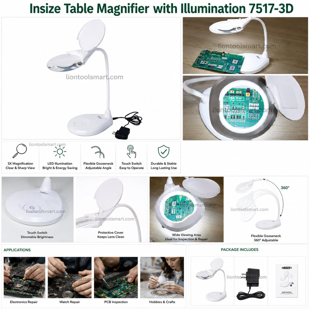 Insize Table Magnifier with Illumination 7517-3D | Precision Inspection & Magnifying Tool