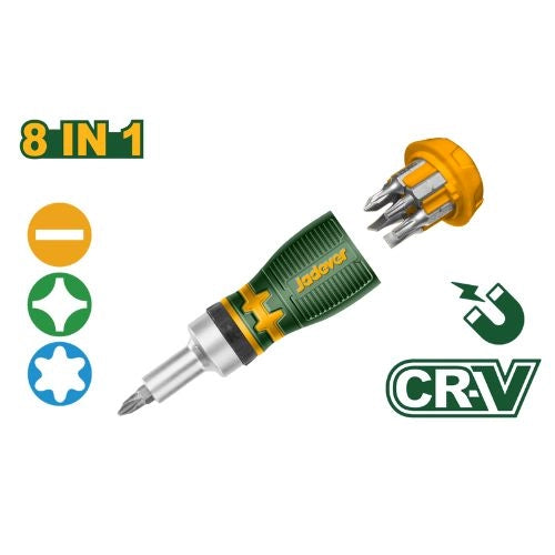 Jadever 8-in-1 Stubby Ratchet Screwdriver Set JDSS8608 | Cr-V Ratchet Handle with 7Pcs