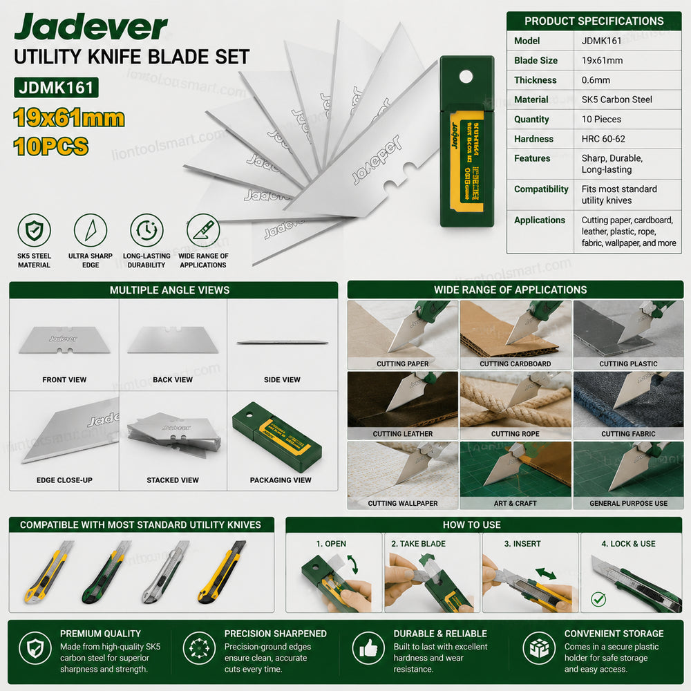 Jadever 10Pcs Utility Knife Blade Set JDMK161 | 61x19mm High Carbon Steel Replacement Blades | Heavy Duty Cutter Blades