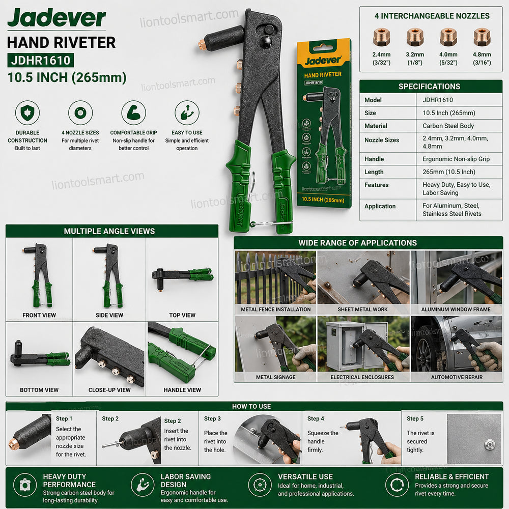 Jadever 10.5 Inch Hand Riveter JDHR1610 | Heavy Duty Manual Pop Rivet Gun | 2.4mm to 4.8mm Rivet Tool