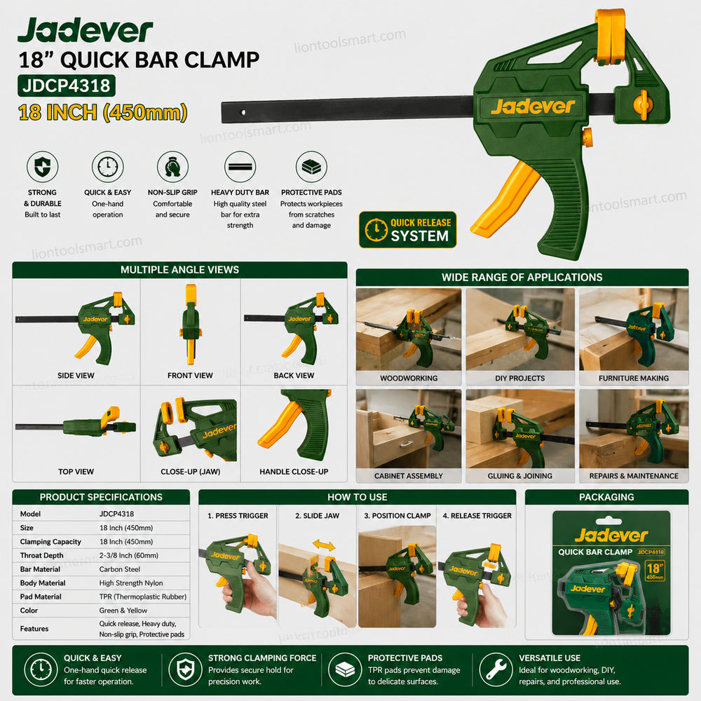 Jadever JDCP4318 18 Inch Quick Bar Clamp | One Hand Quick Grip Woodworking Clamp