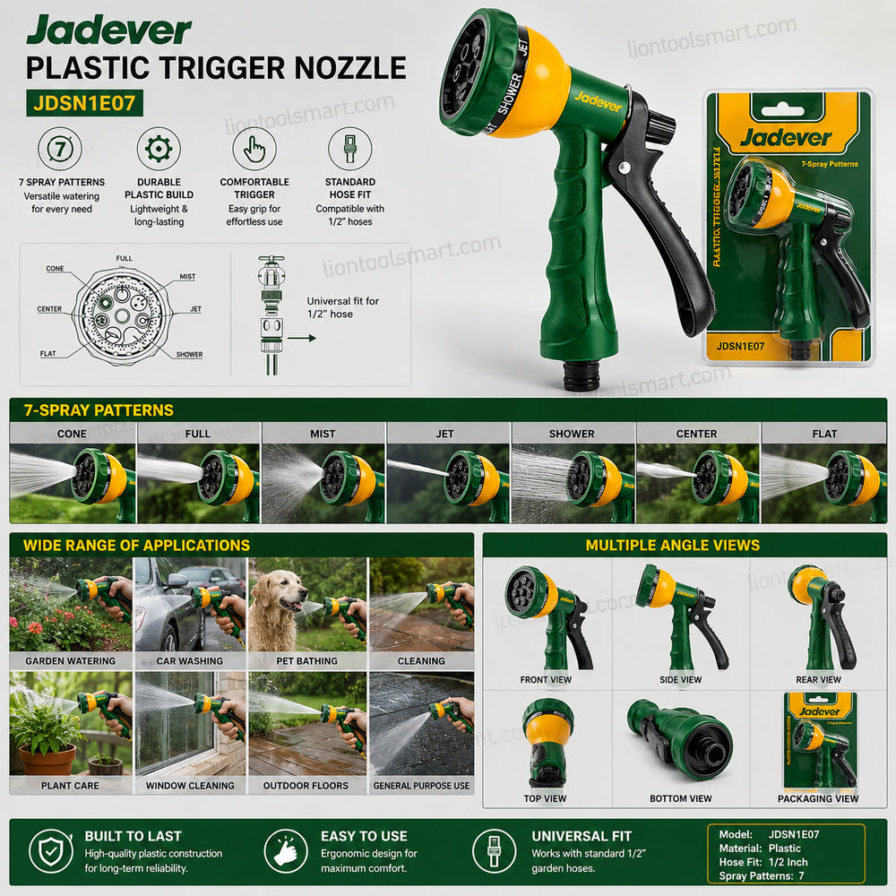 Jadever Plastic Trigger Nozzle JDSN1E07 | 7 Spray Patterns Garden Water Spray Gun | Soft Grip Hose Nozzle