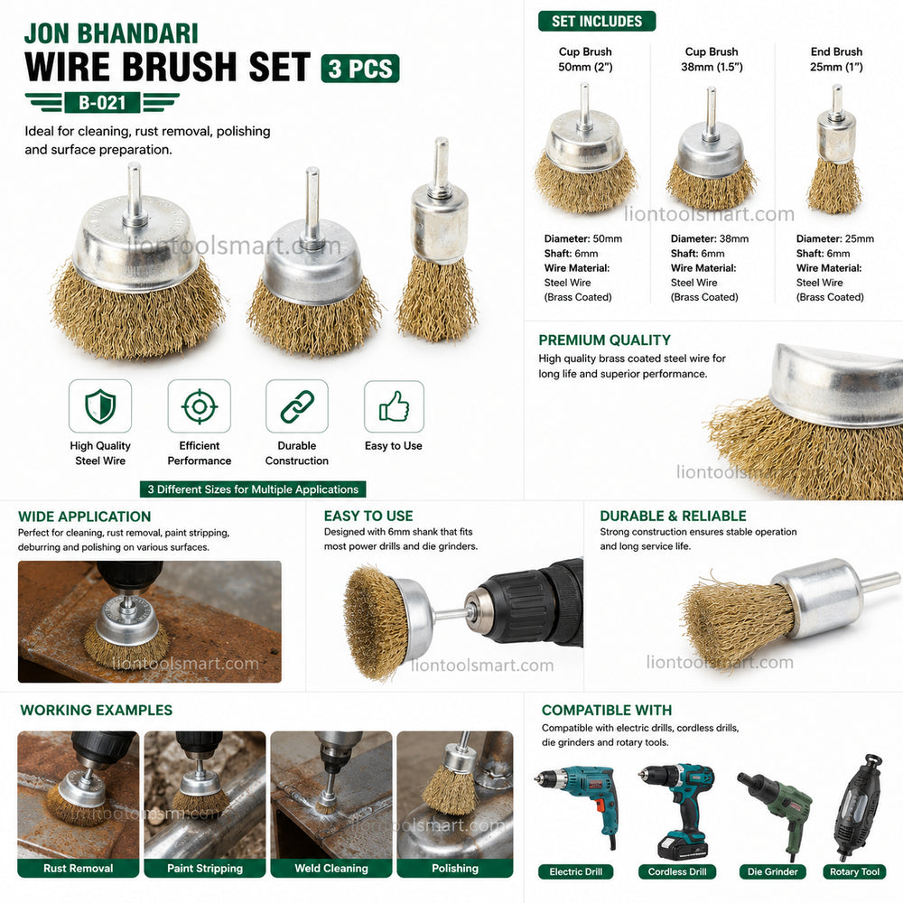 Jon Bhandari Brush Set 3 Pcs Wire B-021 | Multipurpose Cleaning Brush Set